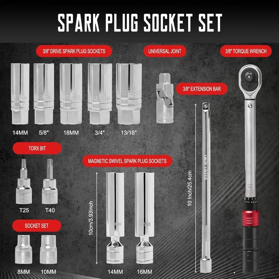 14 PCS 3 8 Inch Drive Spark Plug Socket Set with Click Torque Wrench 5-45 Lb.ft 6.8-61.2 Nm Magnetic Swivel Sockets Universal J