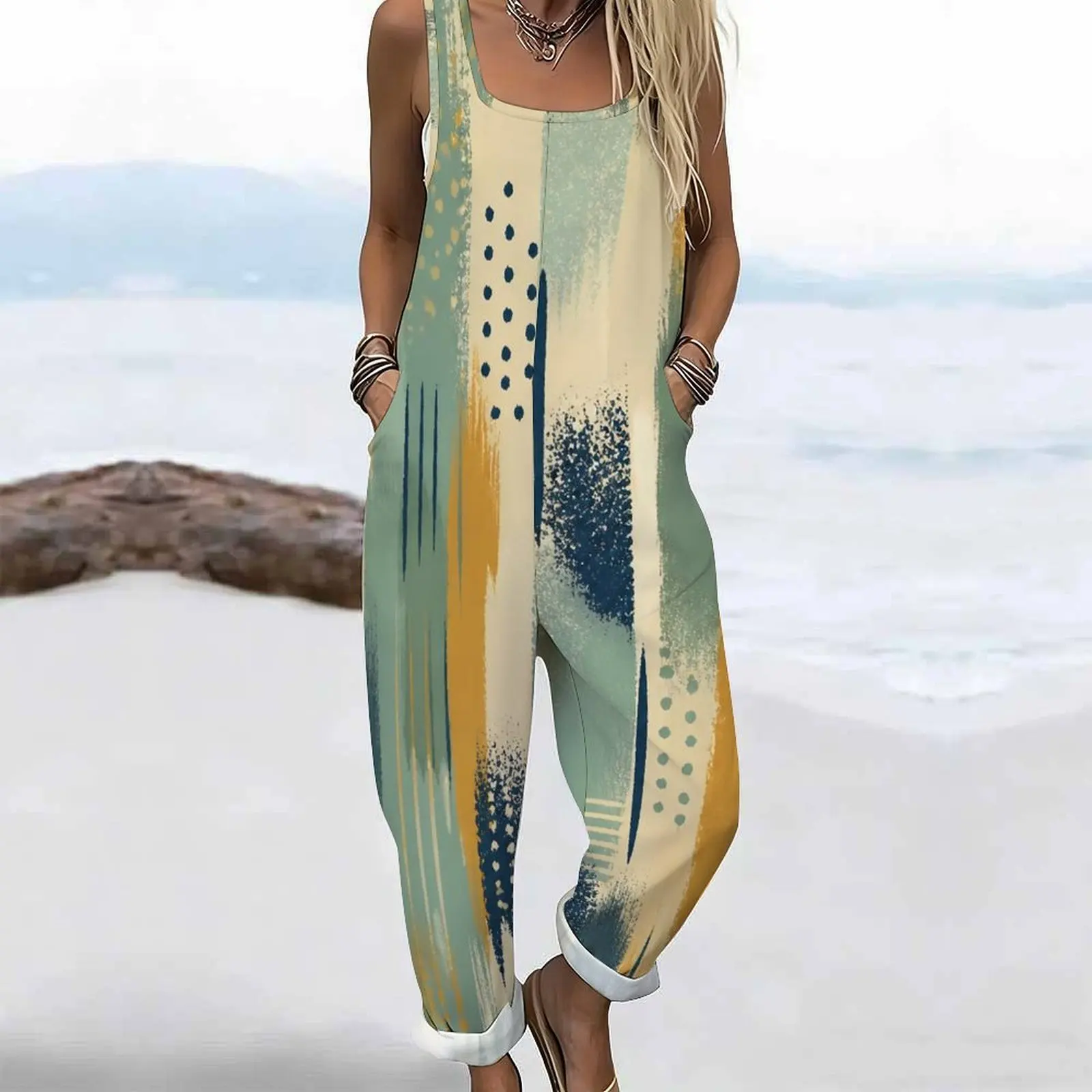 Women Printed Jumpsuit Square Neck Sleeveless Wide Straps Loose Fit Pockets Cuffed Ankle view 2