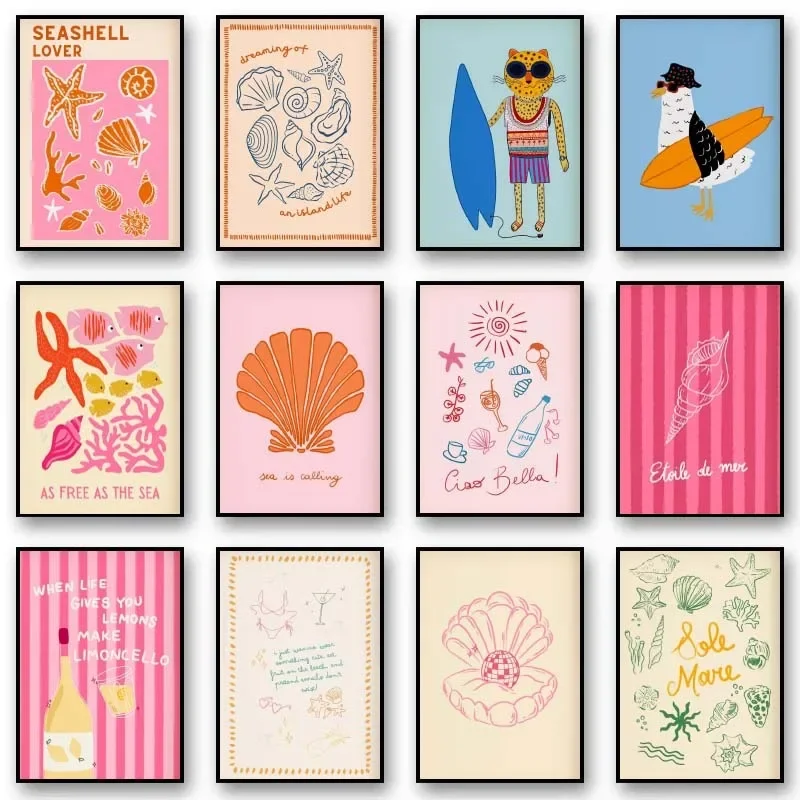 الاستوائية Preppy المشارك صدف الشاطئ الصيف المشارك طباعة النبيذ جراد البحر قماش اللوحة صور المنزل لغرفة المعيشة ديكور