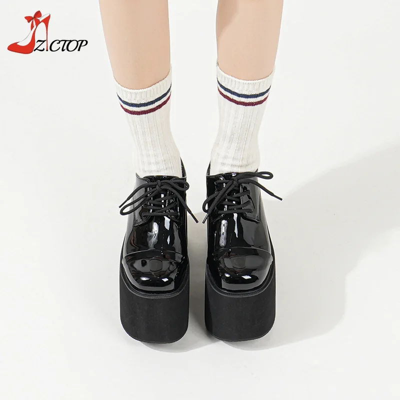 Super High Heels Chunky Platform Pumps Women Patent Leather Lace Up Gothic Punk Pink Mary Jane Lolita Cosplay Shoes Big Size 42