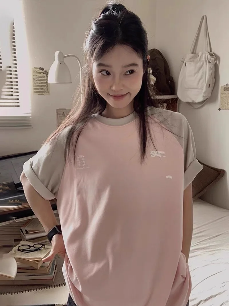 퓨어 코튼 숄더 인서트 반소매 티셔츠 여성 여름 슬림 피트 스파이시 걸 디자인 센세이션 스몰 컬러 충돌 탑