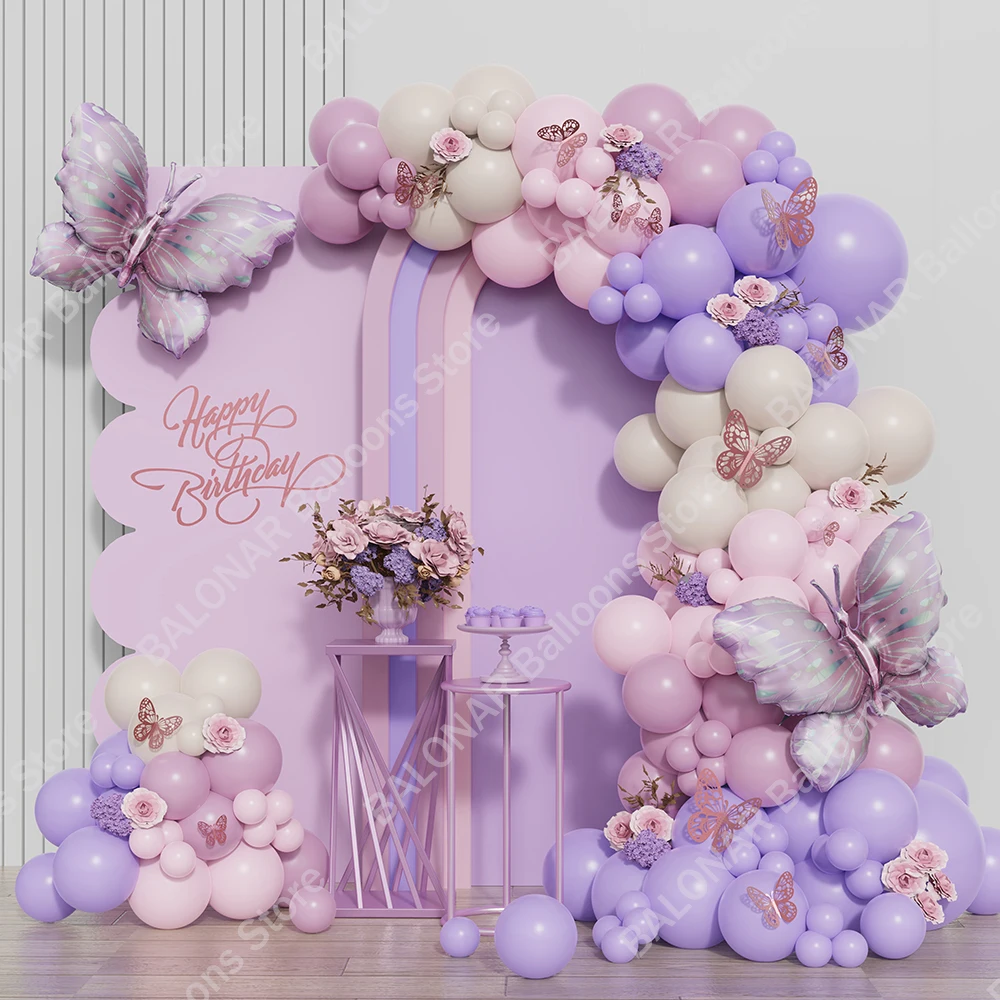 137/138pcs Gradient Pink Purple Butterfly Balloons Garland Arch Girl Butterfly Birthday Party Baby Shower Wedding Decor Globos