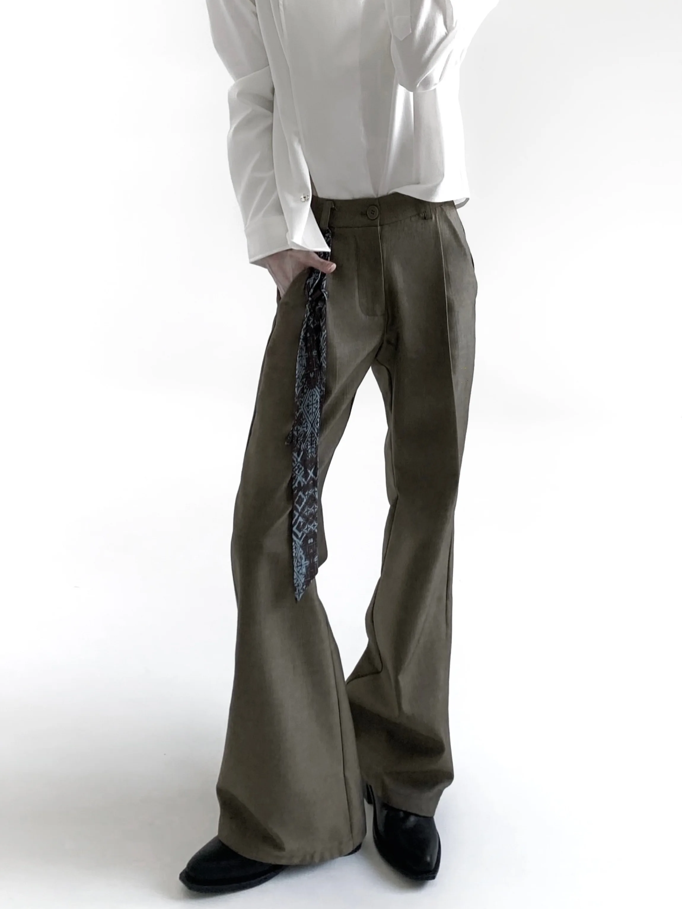 Elegant Olive Green Men's High Waist Pants Vintage Draped Trousers High Rise Flared Legs Casual Wear Hand Ironed Pleats