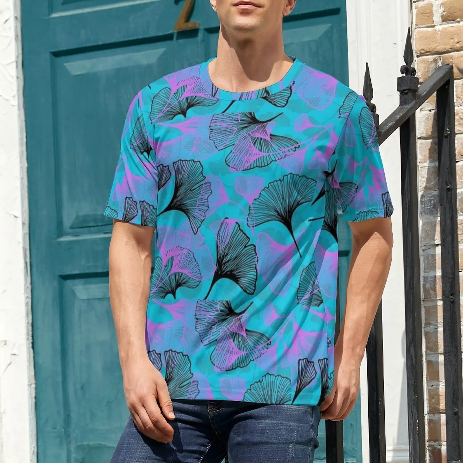 Man Cyan Pink Ginkgo Pattern T Shirt  Cool T-Shirts Short Sleeves Design Tops Dropshipping Summer Casual Big Size Top Tees