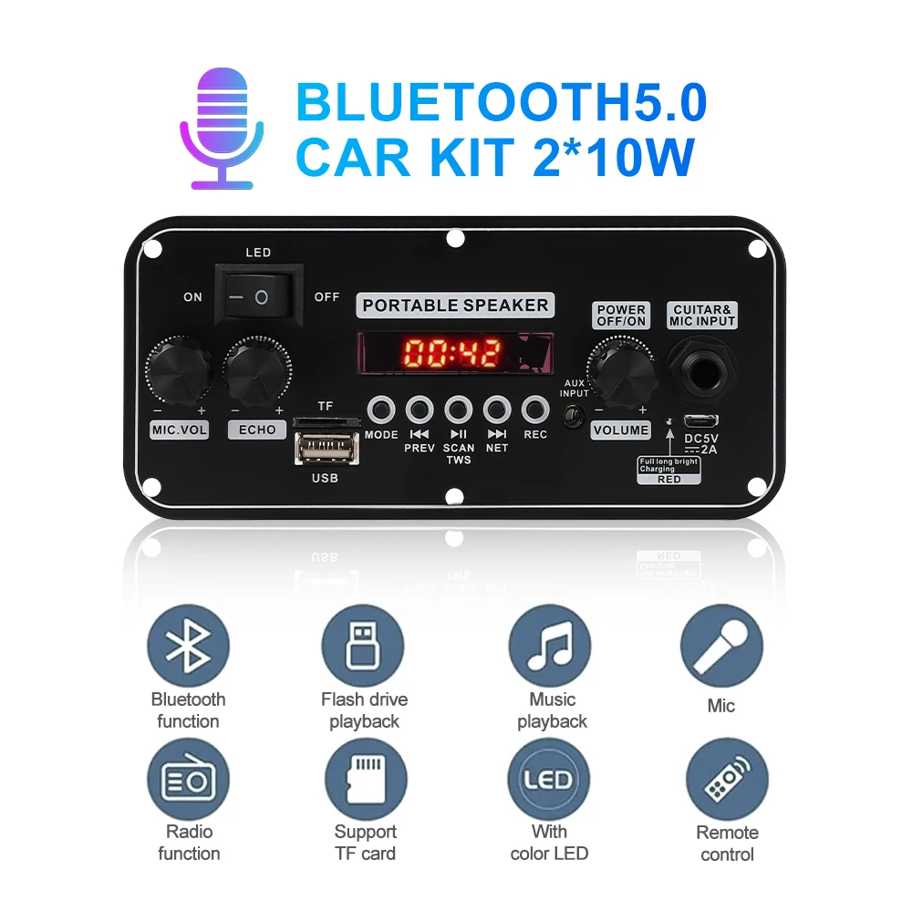 

20W Amplifier Board Support Bluetooth AUX TF-Card U-Disk Microphone Input for Digital Class D Low Distortion Audio Sound DC 12V