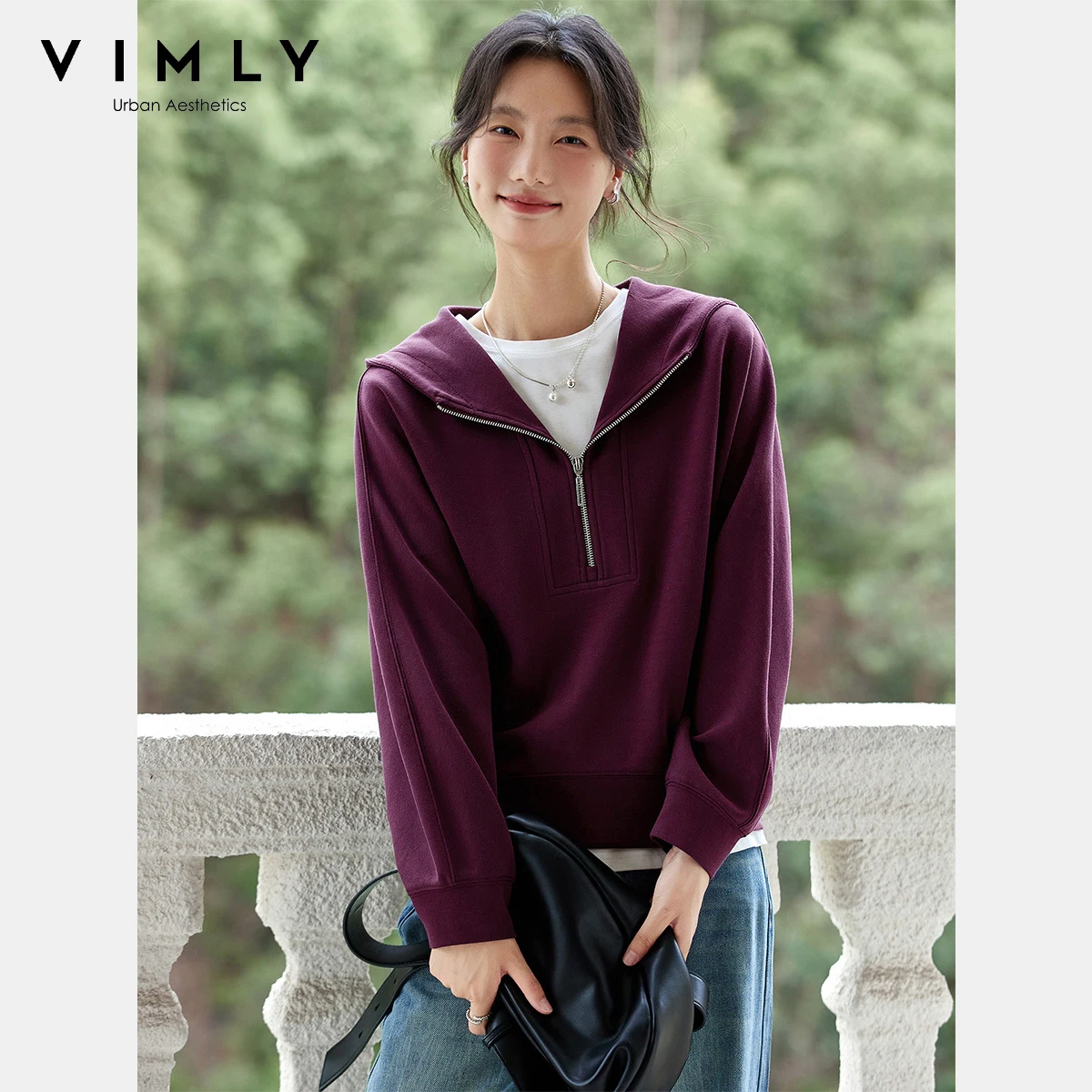 

VIMLY Woman Purple Zipper Hooded Long Sleeve Ladies Tops Sporty Autumn 2025 New Casual Knitted Loose Sweatshirts Female A1961