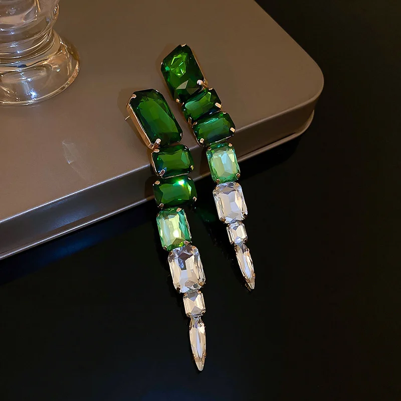 FYUAN Square Green Crystal Earrings Oversize Ladys Long Geometric Dangle Earrings for Women Fashion Jewelry Gifts