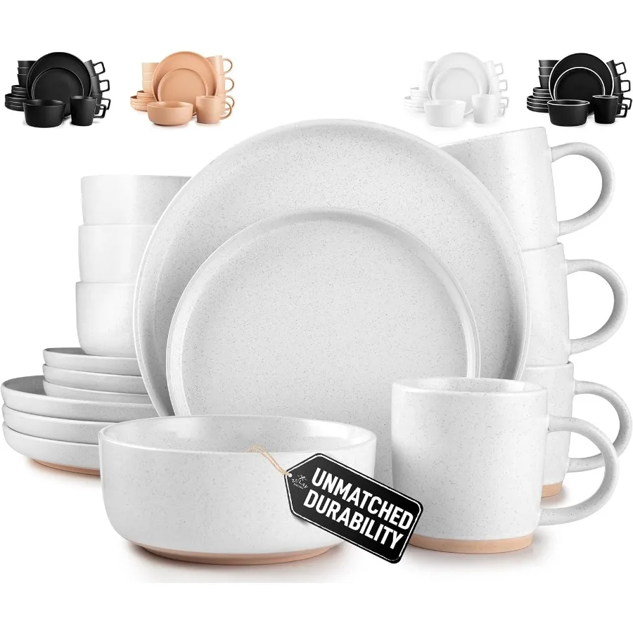 

Набор столовой посуды из керамического камня Terra. Набор кустарных керамических тарелок и мисок, изготовленный на 2300 году. ℉ Сервис на 4-крапчатое белое