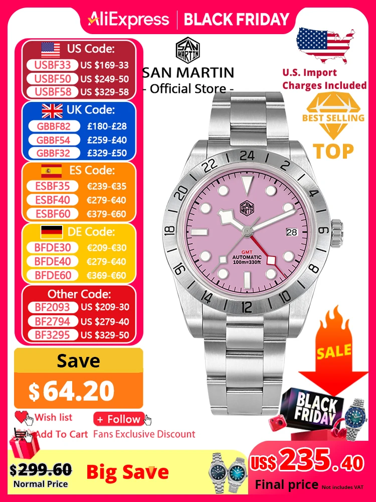 

San Martin розовый циферблат BB GMT NH34 39 мм классические роскошные деловые мужские часы автоматические механические сапфировые водонепроницаемые Relojes SN0054