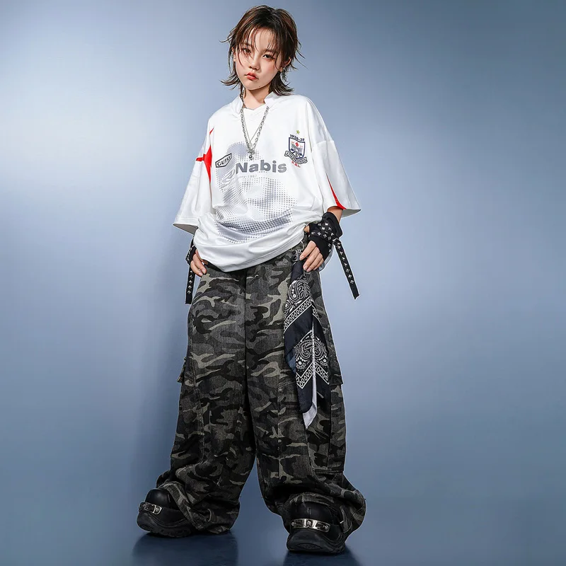 Kind Kpop Hip Hop Kleidung Drucken Weißes T-shirt Top Camo Casual Baggy Cargo Hosen für Mädchen Junge Tanz Kostüm Kleidung