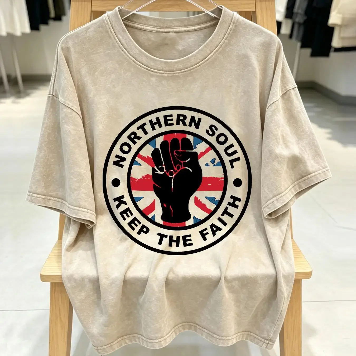 washed T Shirt Northern Soul Keep The Faith Union Jack Mens Ringer long or short sleeves vintage Washed Comfortable Unisex