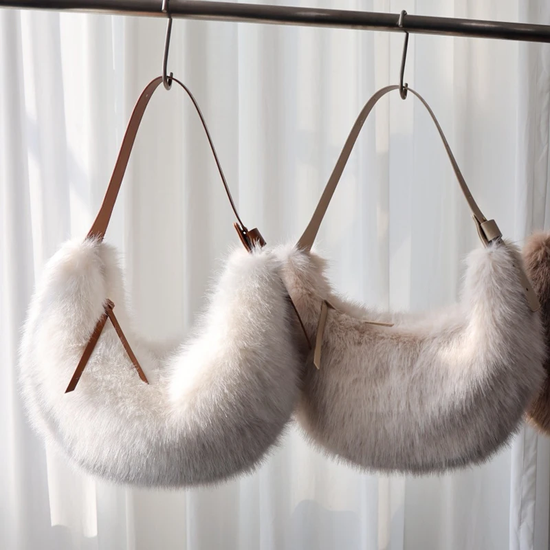 Borse a mezzaluna in pelliccia sintetica moda per donna Borsa a mano di design di lusso 2026 Nuovo in finta pelliccia di coniglio sotto le ascelle in peluche