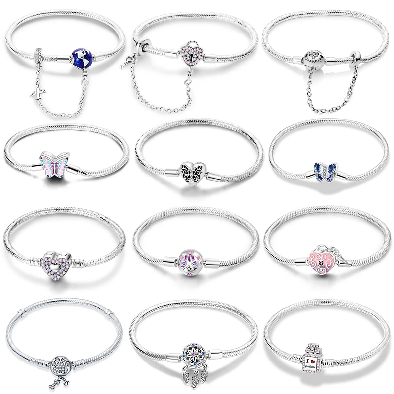 Bracelets 925 Silver Original 17-20CM Stars Globe Bracelets Safety Chain Pink Love Heart Lock DIY Charms Beads Jewelry Gifts