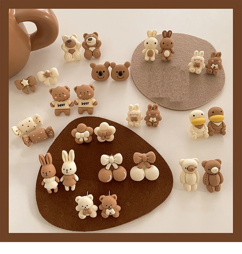 12pairs/bag MIX fashion Minority cute brown carton rabbit  bear candy Earrings Light luxury and high quality cute fine Ear Studs