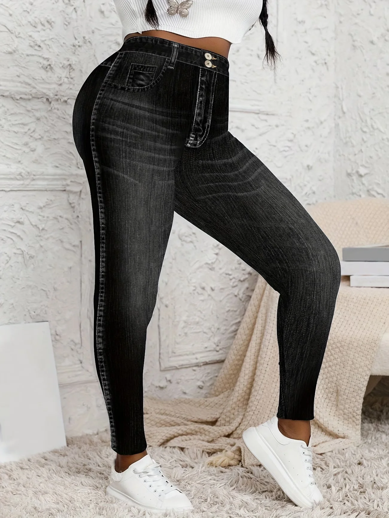 Plus Size Faux Denim Skinny Jeans, Ultra Soft 4-Way Stretch Leggings, High Waist Butt Lifting Slim Fit Jeggings - Image 2