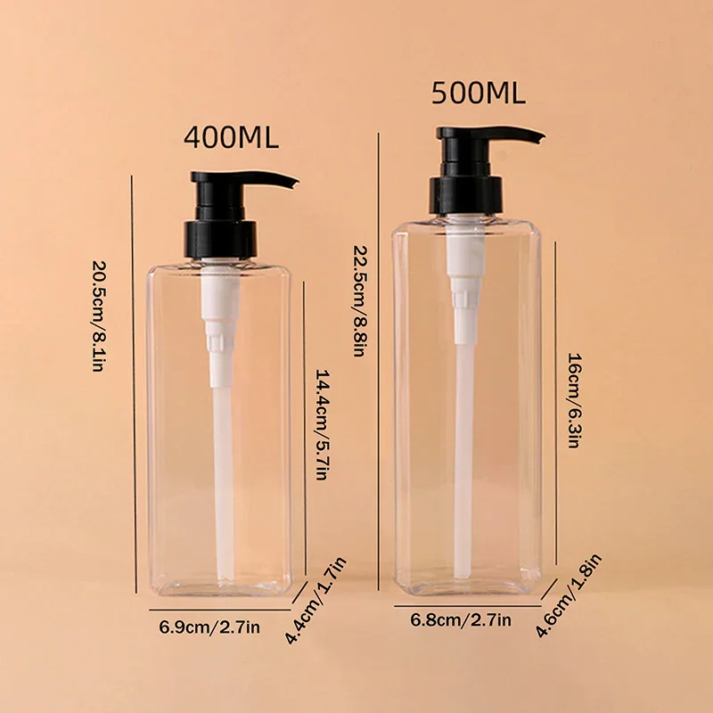 Dispensadores de jabón cuadrados para baño, soporte de Gel de ducha y champú rellenable, dispensador de viaje portátil, botella vacía con bomba de baño, 400/500ml