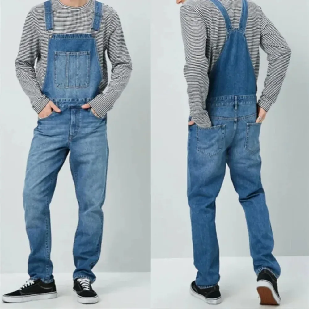 2025 Men Street Denim Suspenders Pants Straight Long Jeans Male Splicing Pockets Denim Trousers Vintage Washed Overalls Jumpsuit