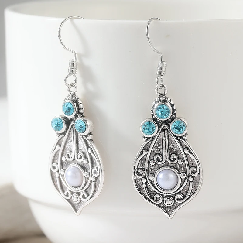 Bohemian Inlay Imitation Pearl Pendant Earrings Women Vintage Style National Dangle Earrings Accessories Jewelry