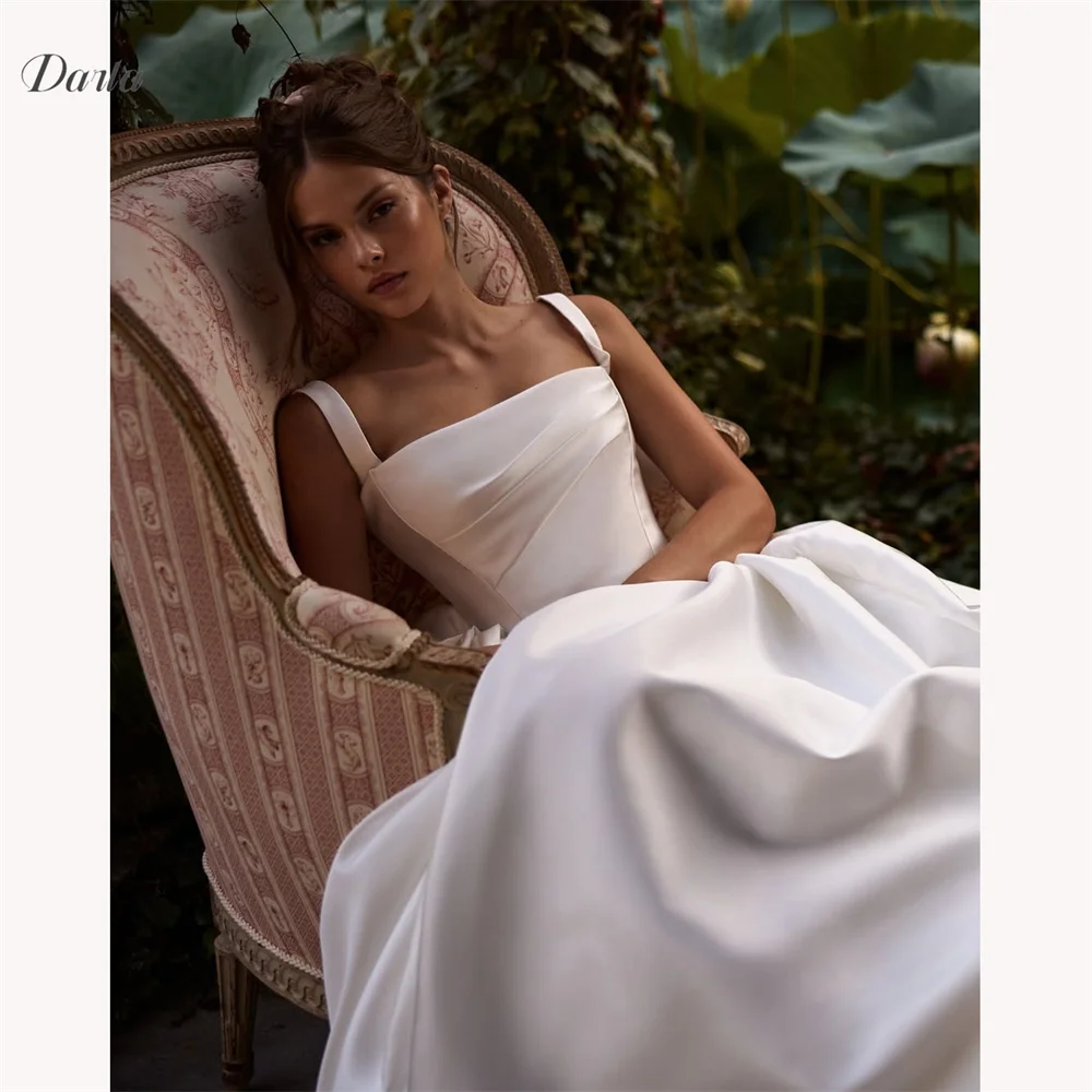 Darla Customized Square Neck Spaghetti Strap A-Line Wedding Dress Sweep Train Floor Length Sleeveless Ruffles Ruched Charming