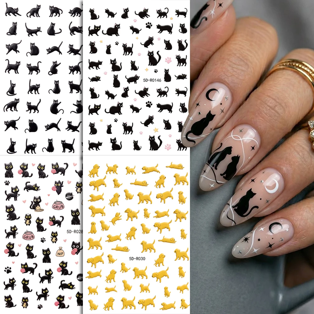 1pcs 5D Black Cat Dog Nail Art Stickers Cartoon Golden Retriever Kawaii Black Cat Nail Decals Big-eyed Kitten Manicure Decora