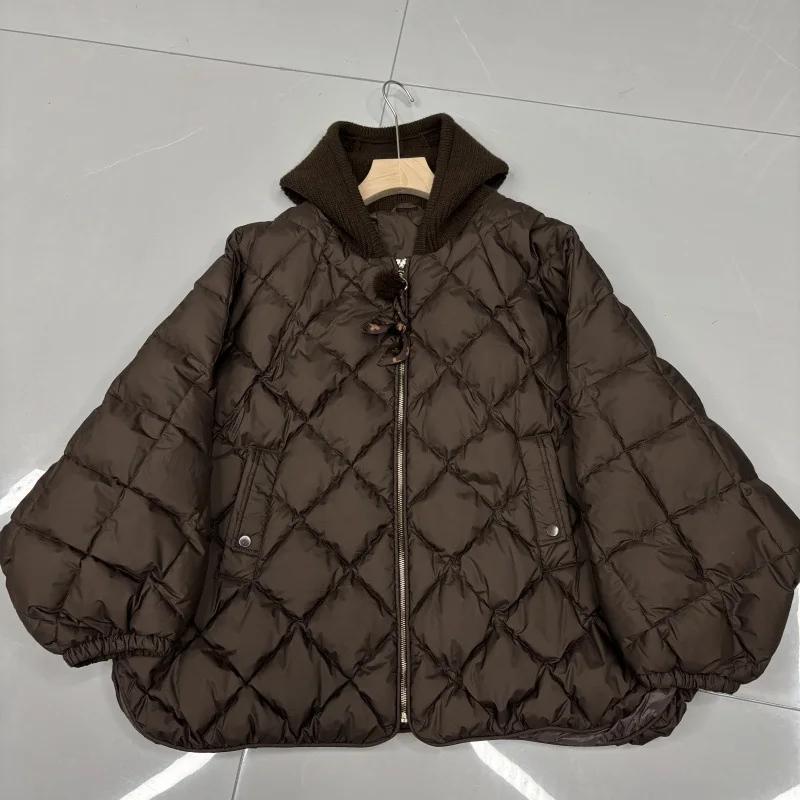 Nouveau automne hiver à capuche diamant grille blanc canard vers le bas Parka mode tricoté chapeau doudoune pour les femmes