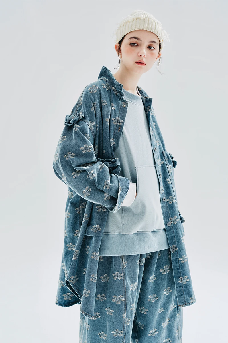 imakokoni 2023 autumn new cotton yarn-dyed jacquard denim shirt coat women thin model 234208