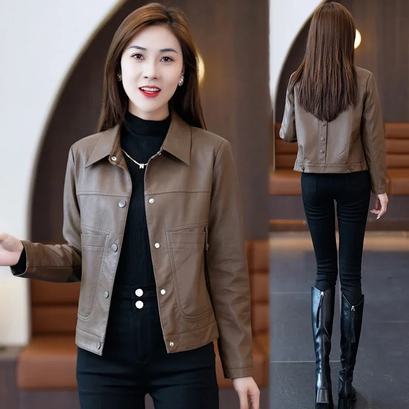 Frühling Herbst 2024, faionable ort Leder Jaet, schlankmachend, lässig, vielseitig, kleine Größe, Ledermantel, Top für Damen
