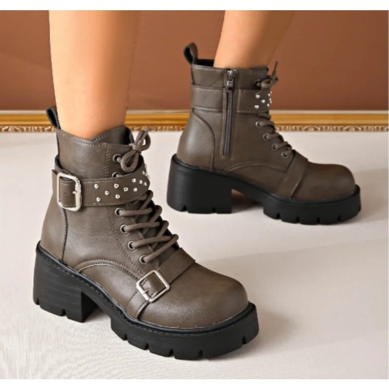 

Round Toe Chunky Heel Women's Boots Fashionable Casual Thick Sole Lace Up Tower Outer Wear Denim Punk Boots for Women Mid Calf