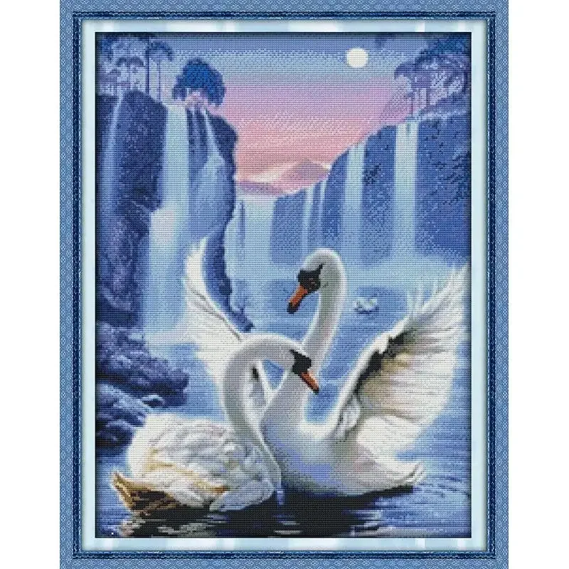 Joy Sunday News Printed Cross Stitch Kit  Easy Pattern Aida  Stamped Fabric with DMC Threads Embroidery Set-Love of Swan