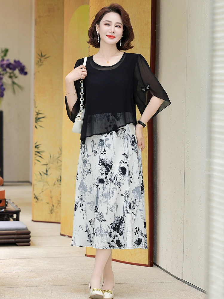 

Ele Midi Summer Dr for Mom 40-49 Years Old Women Faionable Chiffon Skirt Slim Fit Sle Regular Sve round Ne