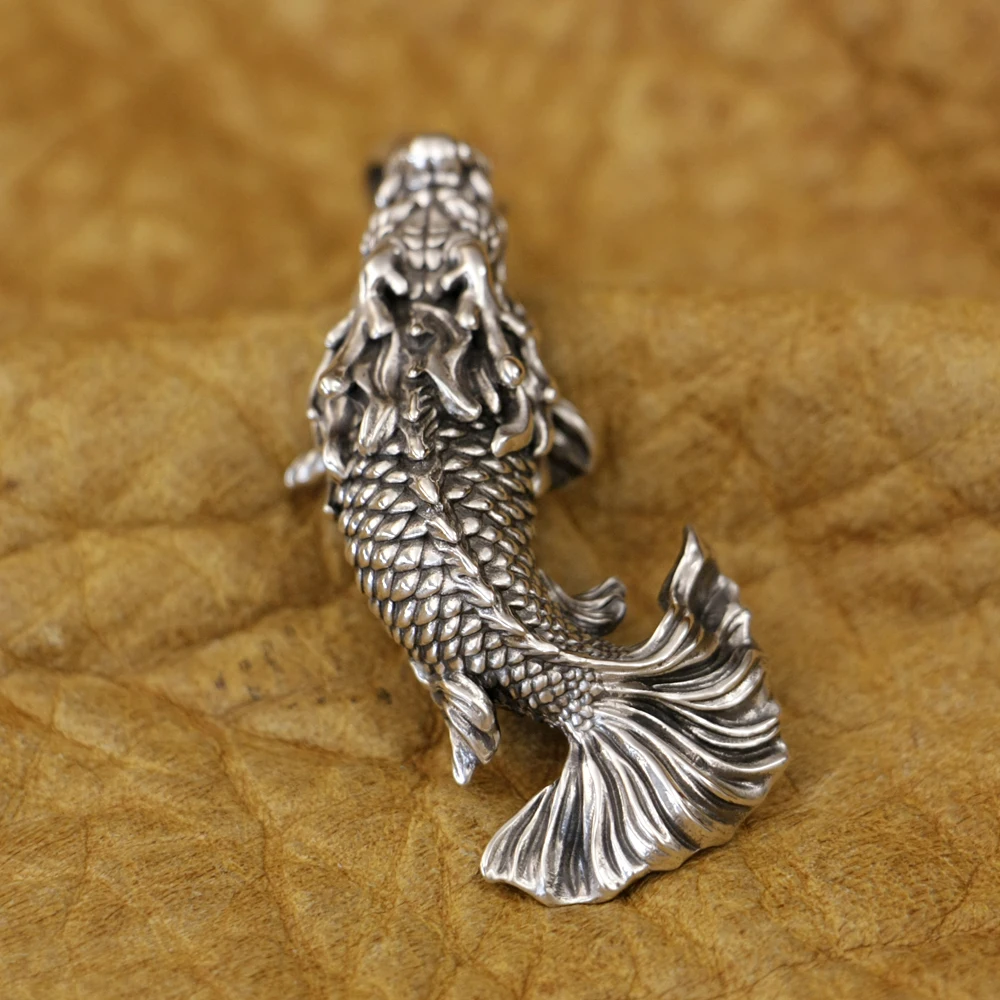 LINSION 925 Sterling Silver Fish turned Dragon Pendant Charms Jewelry TA479