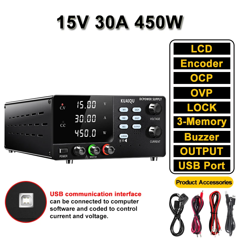 Programmeerbare DC-voeding KUAIQU 30V 100A 3000W met RS232 USB-poort, instelbare bench-regulator, OCP/OVP/geheugen voor testen en verouderingstests.