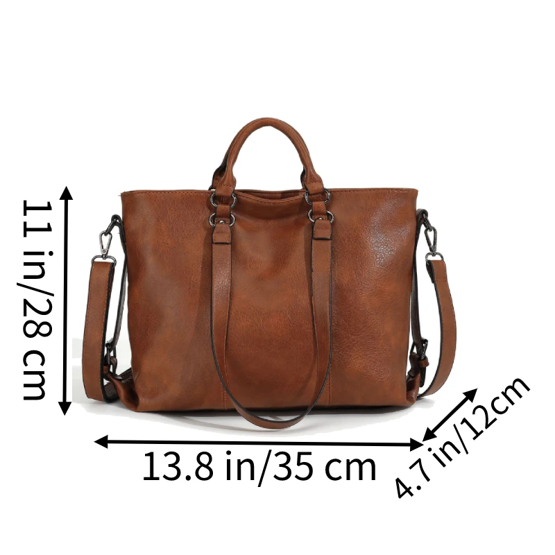 Retro Soft Leather Tote Handbag for Women, One Shoulder, Crossbody, Multi Pocket Divider, Briefcase, Adjustable Shoulder Straps