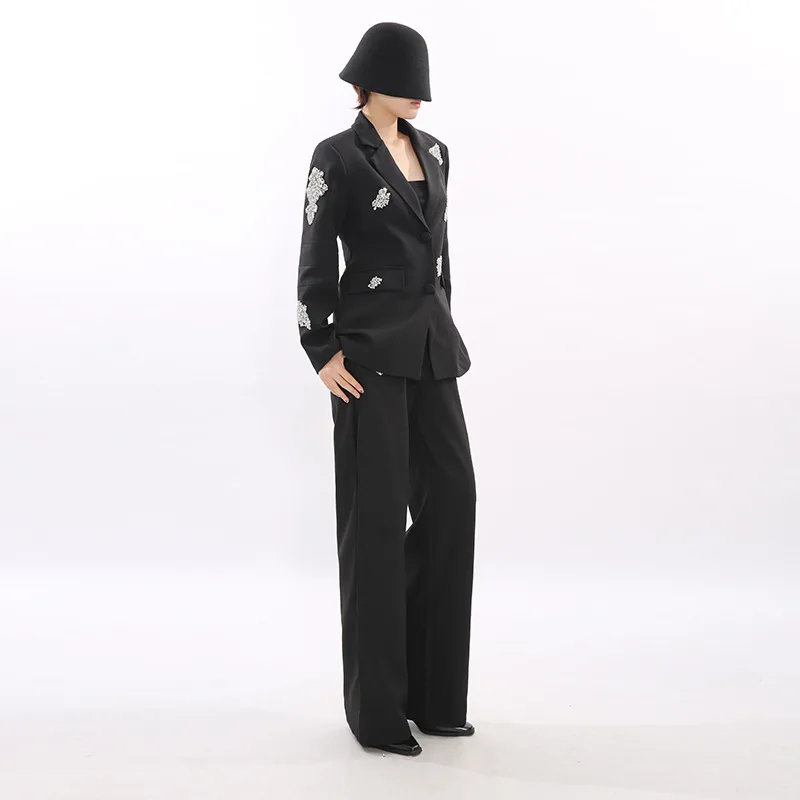 2026 Summer New Style Elegant Retro Heavy Beaded Embellished Brick Pattern Single-Breasted Wide-Leg Pants Jacket for Women