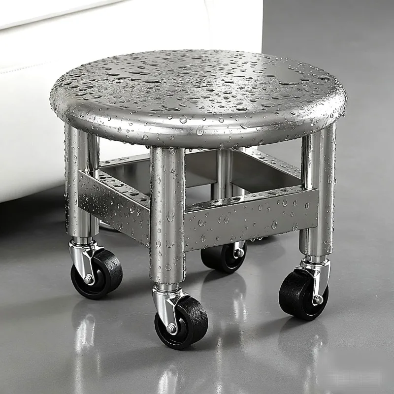 Stainless Steel Rolling Low Stool Silent Caster Round Stool for Entrance Heavy-Duty Pedicure Seat 360-Degree Swivel Work Stools