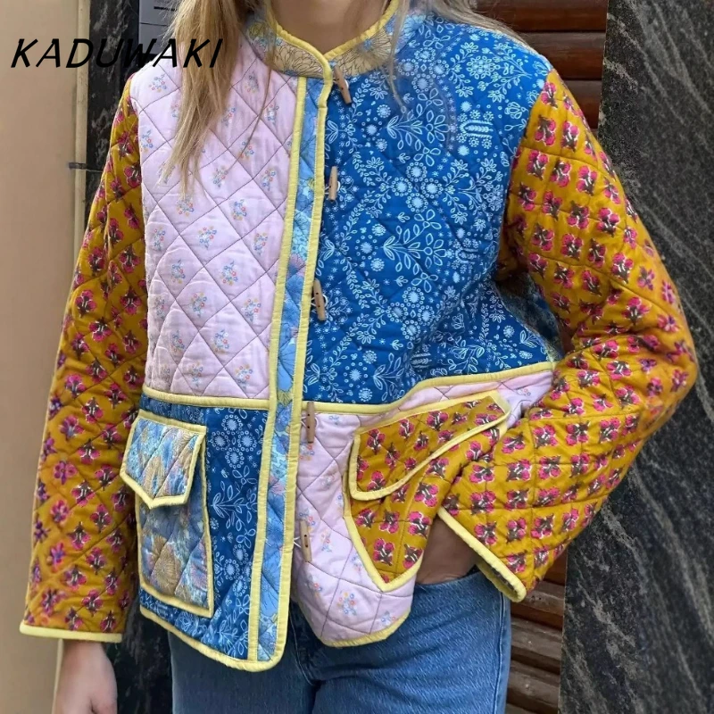 

KAMEHARA женская хлопковая куртка с цветными блоками, свободная посадка с маленьким цветочным принтом, теплая погодная куртка через плечо в европейском/американском стиле