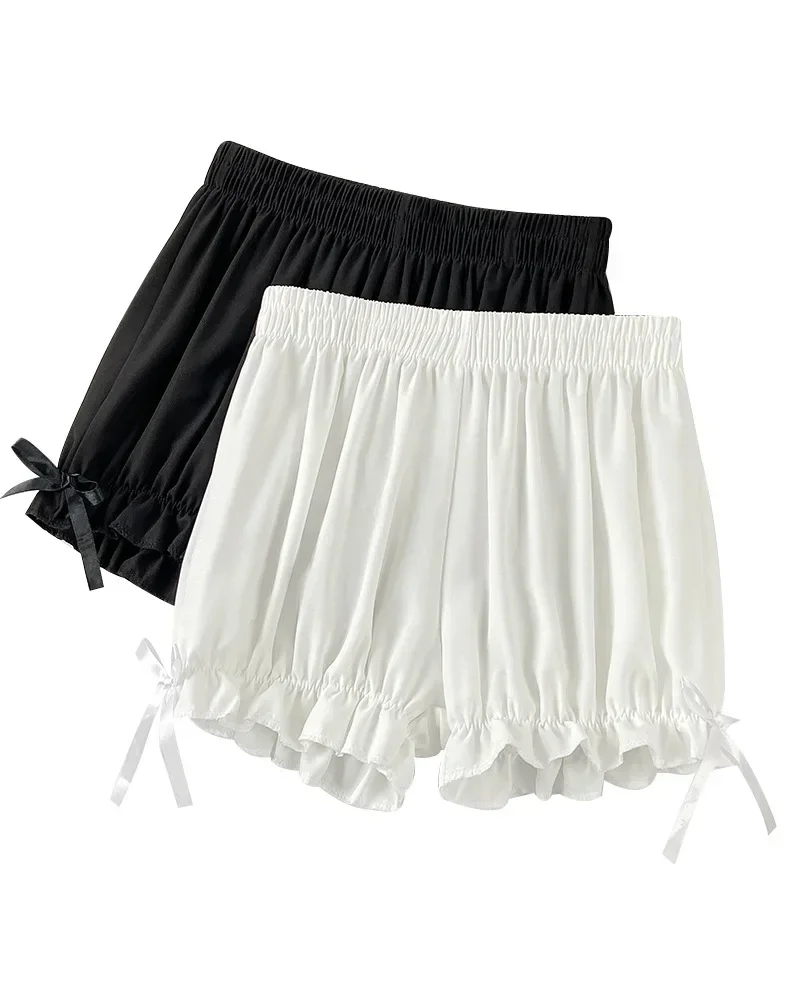 Bowknot Black White Ruffled Shorts Women Pumpkin Elastic Waist Safety Shorts Lolita Girls Vintage Summer Thin Safety Short Pants
