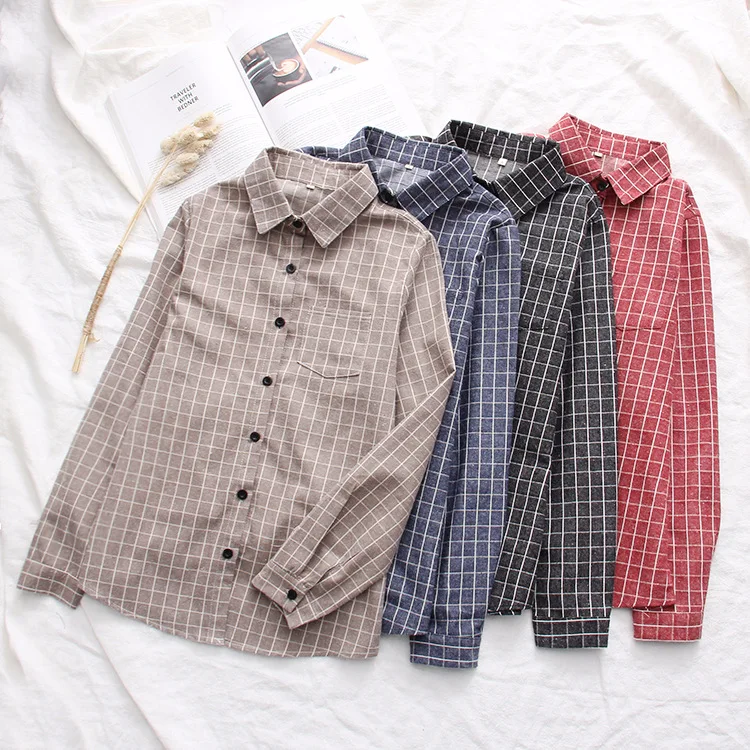 Women\'s Shirt 2023 New Plaid Shirt Women Cotton Casual Long Sleeve Blouses Tops Office Ladies Checked Clothes Khaki Red Black