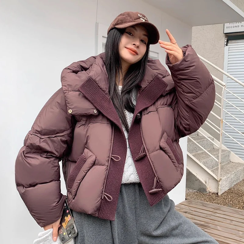 Inverno puff malha emenda com capuz jaqueta feminina pato branco para baixo curto parker outwears feminino zíper engrossar jaqueta acolchoada