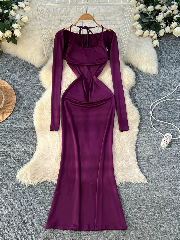 Foamlina Sexy 2-teiliges Damen-Kleid-Set, einfarbig, Neckholder, ärmellos, rückenfrei, figurbetontes Maxikleid und Langarm-Westenanzug