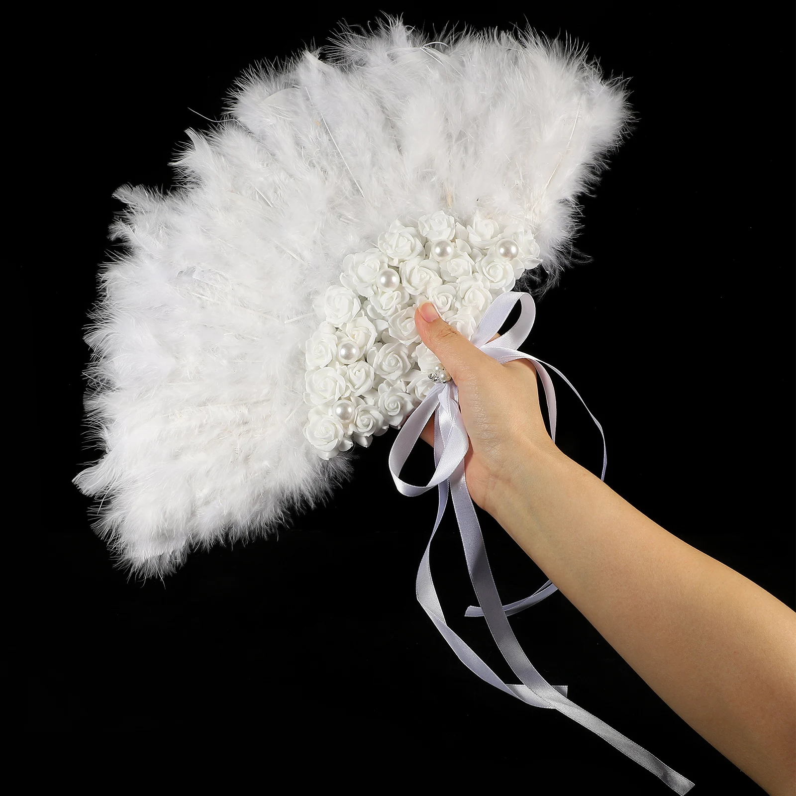 Wedding Rose Fan Flower Pattern Cloth Foldable Fans Flash White Lace Handheld