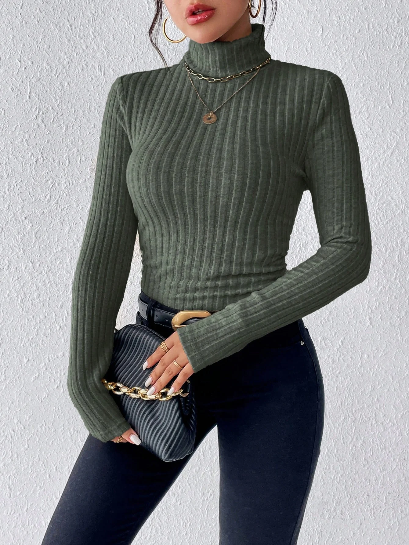 French-style high-necked, long-sleeved, knitted, textured, brushed, ribbed, solid-colored base layer top for autumn and winter –