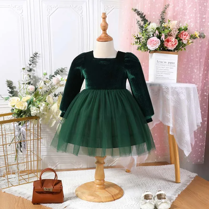 Christmas Kids Girls Dress Solid Color Square Neck Long Puff Sleeve Dress Autumn Winter Layered Tulle Casual Princess Dresses