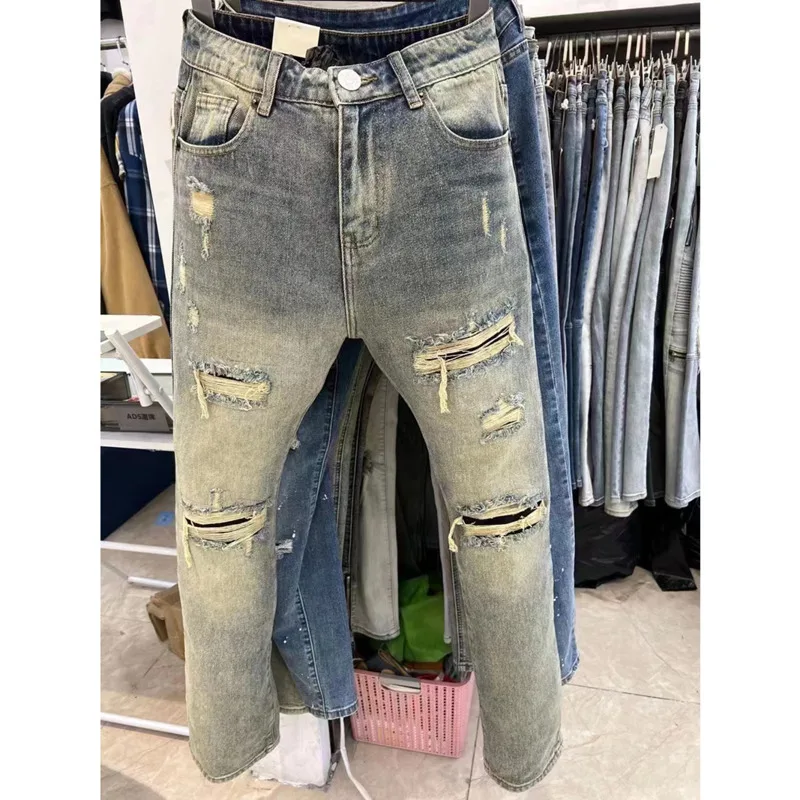 

High Quality Retro Streetwear Designer Jeans Males Brand Ripped Print Jean Men Hip Hop Hole Personality Pants Skinny Jeans Men