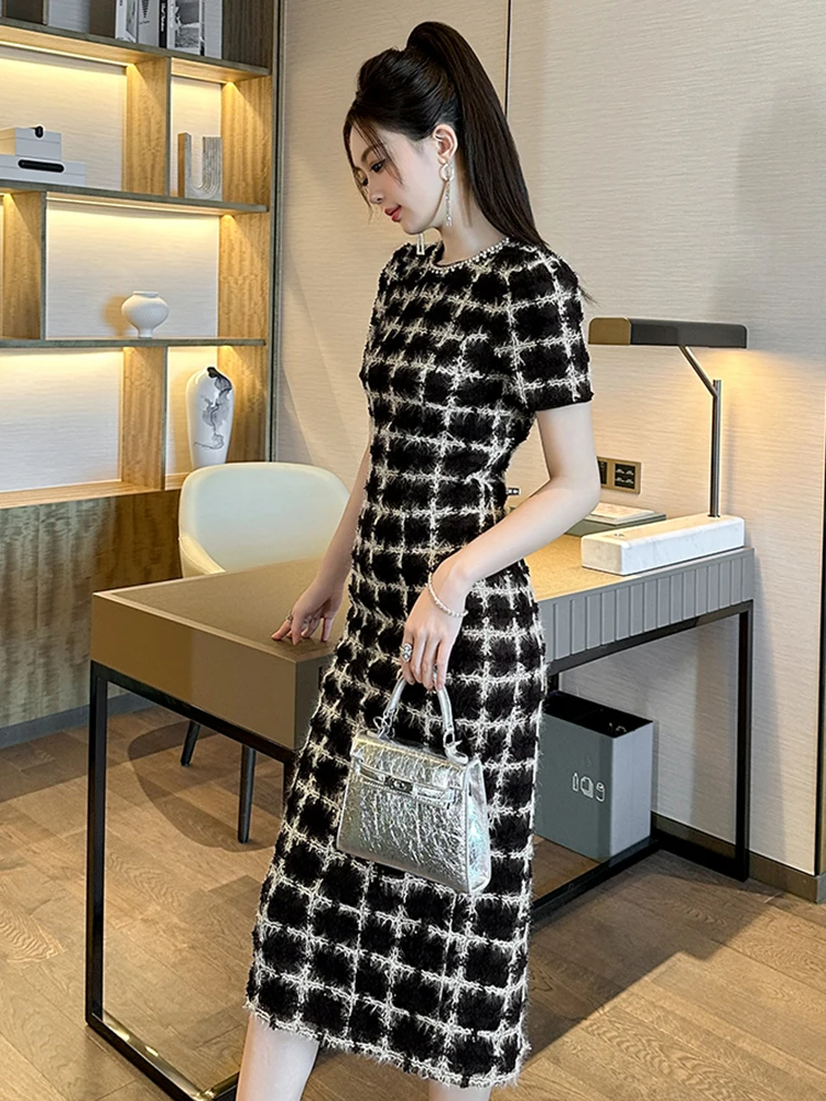 Robe de Banquet classique française pour femmes, exquise, noir et blanc, Patchwork de diamants, moulante, fête de bal, mi-longue