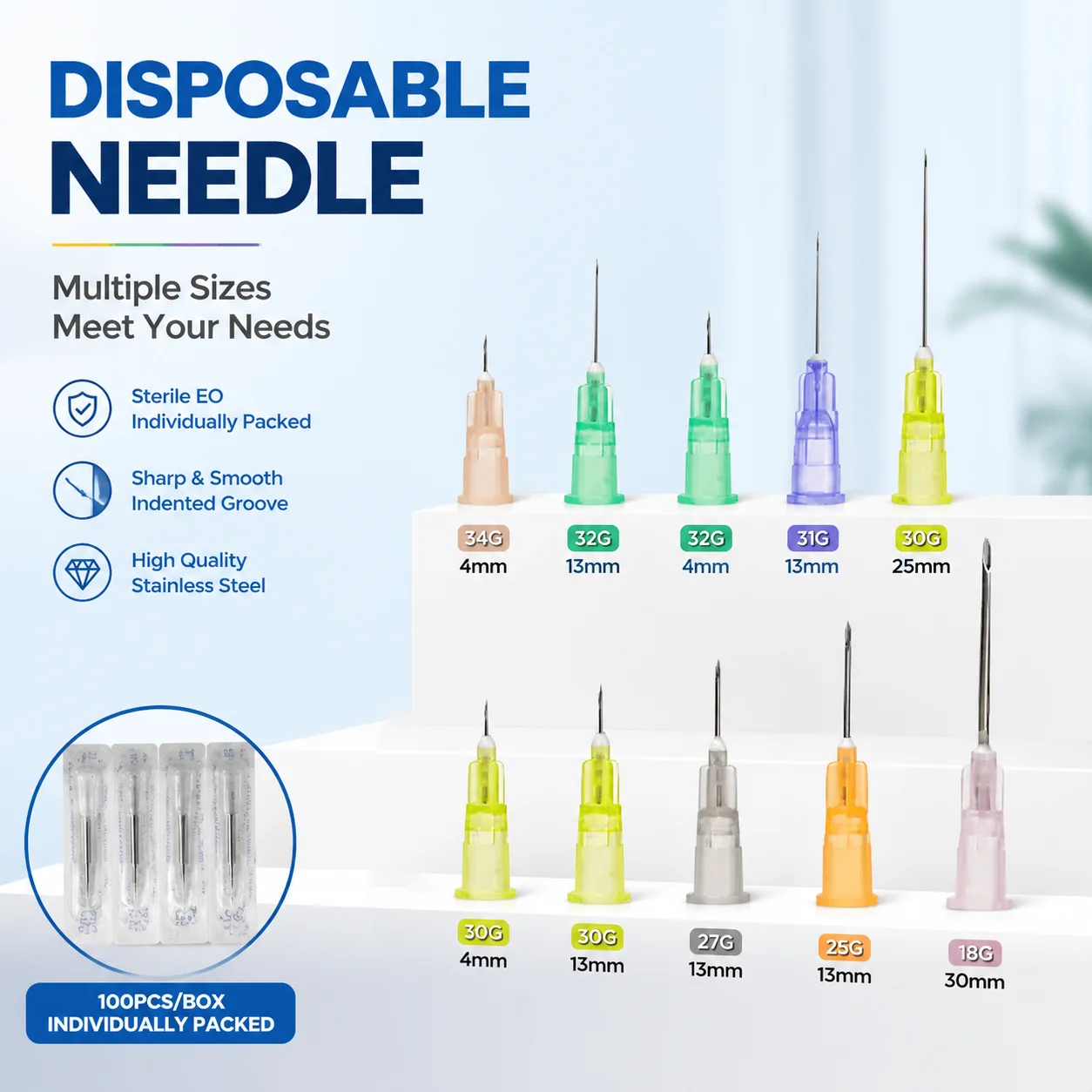 Individual Pack Meso Needles 30G 32G 34G  4mm 13mm 25mm Ultra-Fine Sterile Sharp Tips for Beauty Injection Mesotherapy