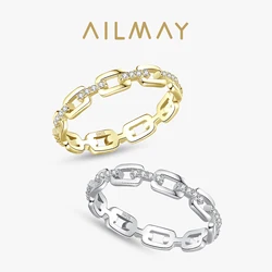 Ailmay Clear Zircon Real 925 Sterling Silver Fashion Golden Color Finger Ring For Women Girls Party Accessories Jewelry