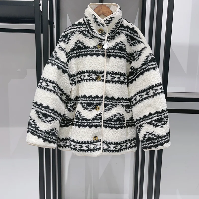 

Women's double-sided fleece casual jacket with semi high collar, suitable for winter warm clothing, fashionable cotton jacket