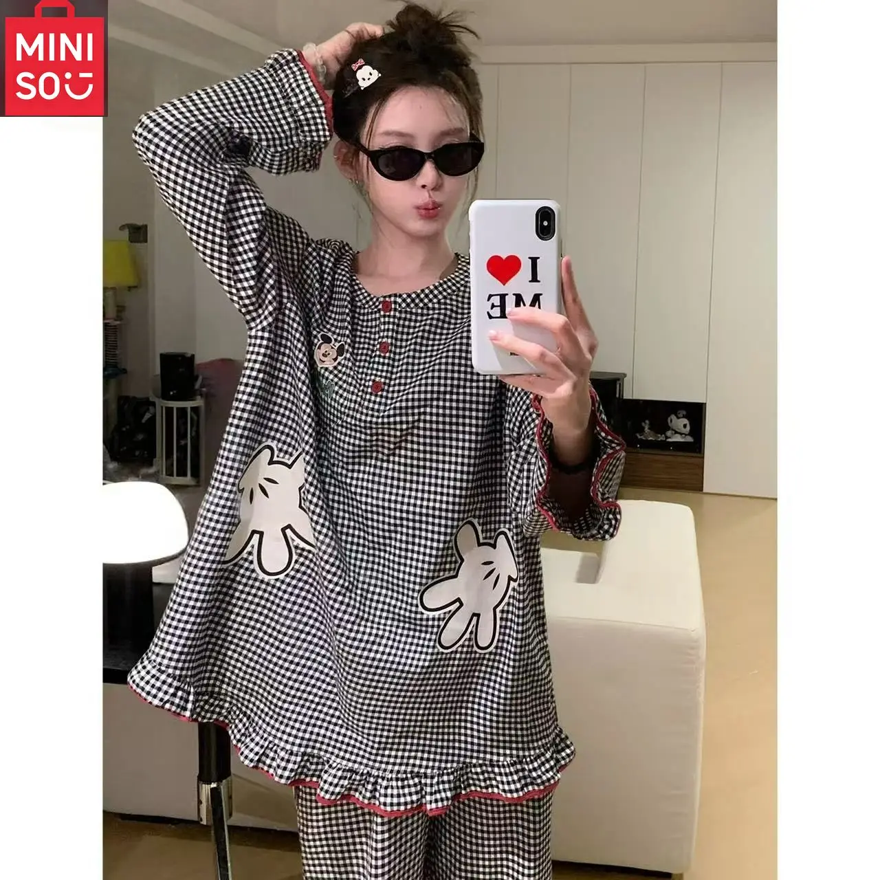 

MINISO Fashion Western style Pajamas Women's Black Checkered Mickey Long Sleeve Pants Home Clothes Two Piece Set