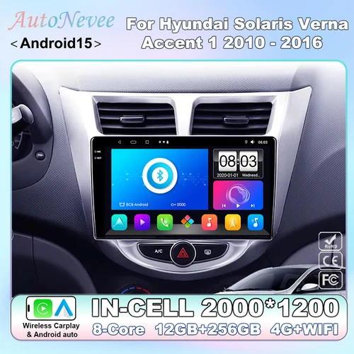 Imagen 1 del producto Unidad principal para Hyundai Solaris Verna Accent 1 2010 - 2016 Android 15 Carplay Radio reproductor Multimedia para coche 2Din GPS 4G DVD FM